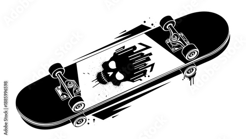 Black and white skateboard with skull graphic design perfect for skateboarding enthusiasts.