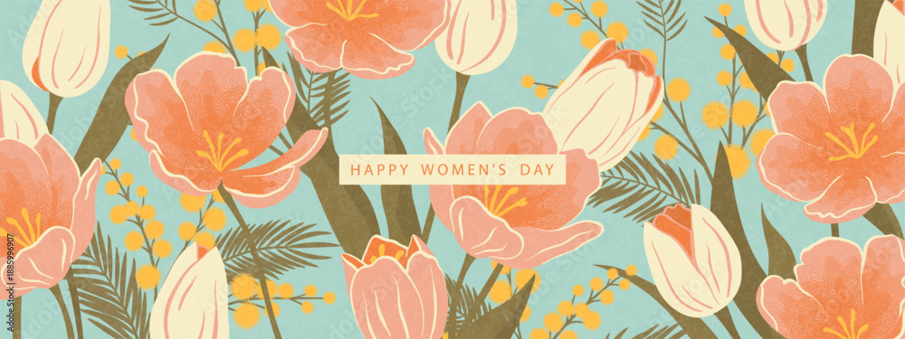 Naklejka premium Decorative horizontal backdrop with tulips and yellow mimosa in grainy retro style for International Women's Day spring holiday, vector illustration
