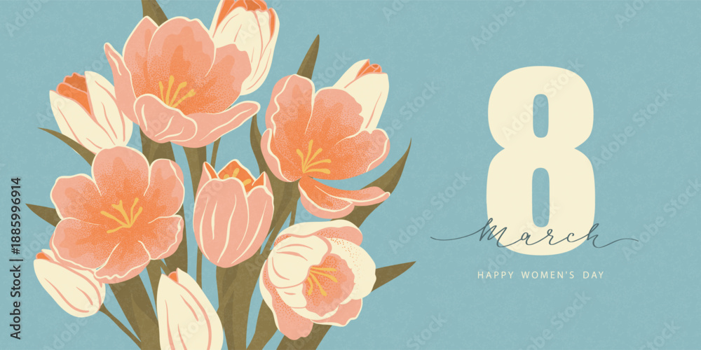 Obraz premium Horizontal banner with bouquet of tulips in vintage grain texture style on blue background for International Women's Day celebration, vector illustration