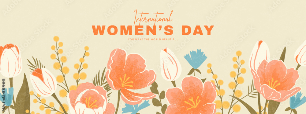 Naklejka premium Horizontal banner in retro grain texture style featuring spring flowers like tulips and mimosa for International Women's Day holiday background, vector illustration