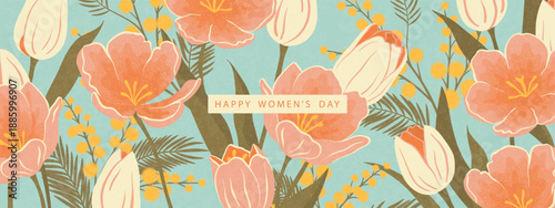 Decorative horizontal backdrop with tulips and yellow mimosa in grainy retro style for International Women's Day spring holiday, vector illustration