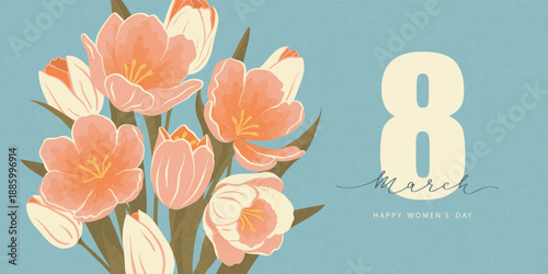 Horizontal banner with bouquet of tulips in vintage grain texture style on blue background for International Women's Day celebration, vector illustration