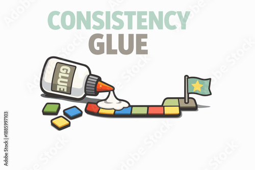 Habit consistency glue bottle with progress path tiles and goal flag