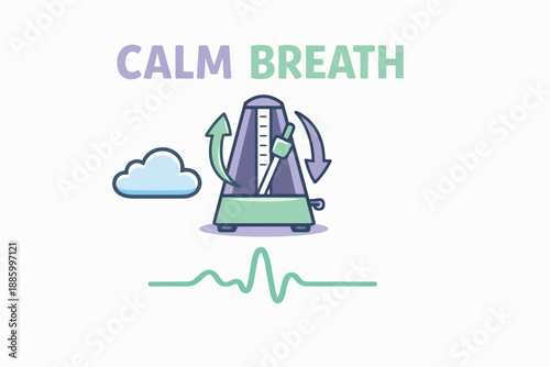 Calm breath metronome breathing guide with inhale exhale arrows and heartbeat line