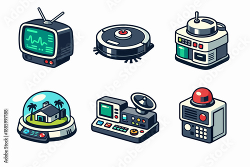 Retro futurism device icon set with monitor, robot vacuum, control console, dome home, and alarm unit