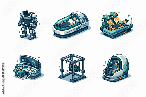 Retrofuturistic rehabilitation icon set with exoskeleton suit and VR therapy pod