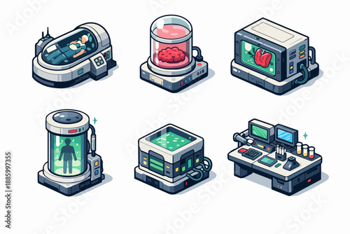 Retrofuturistic bioengineering icon set with cloning pod and laboratory console