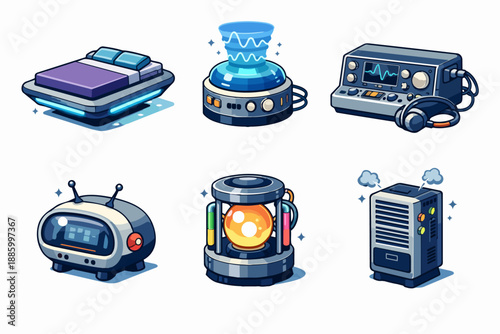 Retrofuturistic sci-fi gadget icon set with levitation bed, fusion reactor and energy coil