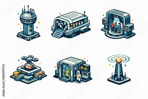 Retrofuturistic sci-fi facility icon set with control tower, lab module and teleport gate