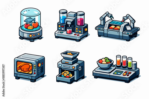 Futuristic kitchen icon set with food reactor, cooking robot and nutrition analyzer