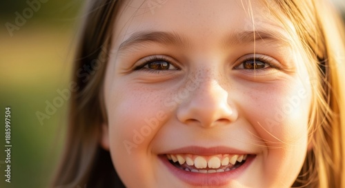 Close-up of a smiling young girl with brown eyes and warm natural light
