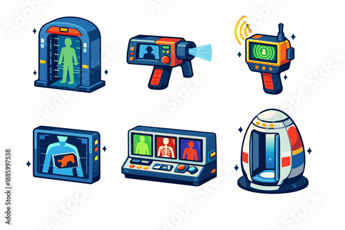 Body scanner icon set with medical imaging and security portals