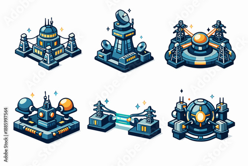 Energy generator icon set with power capsules and control consoles