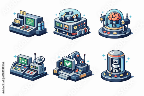 Futuristic lab icon set with brain machines and robot platforms