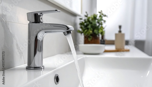 Silver faucet running water into a white sink with a modern bathroom background
