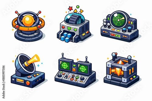 Radar control icon set with broadcast dishes and targeting consoles