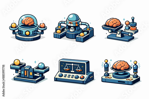 Mental balance icon set with cognitive load distributor and thought regulation devices