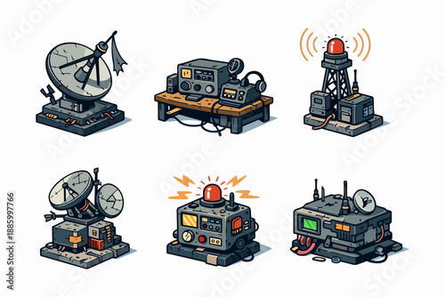 Post-apocalyptic communication equipment with broken antenna module, improvised radio console and routing hub