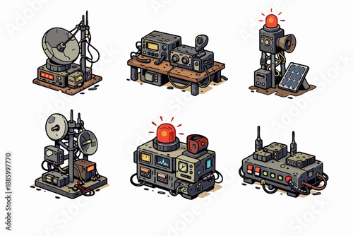 Post-apocalyptic radio station with satellite dish and emergency beacon