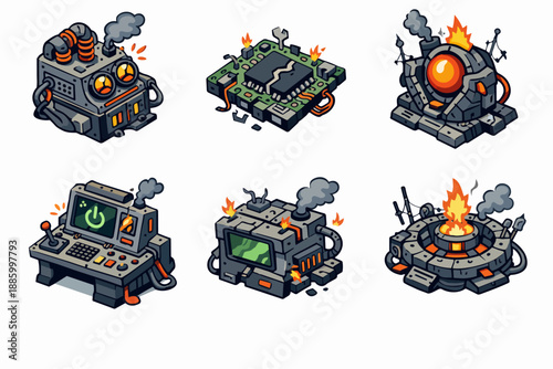 Post-apocalyptic damaged electronics with burning generator, sparking circuit board and overheating reactor