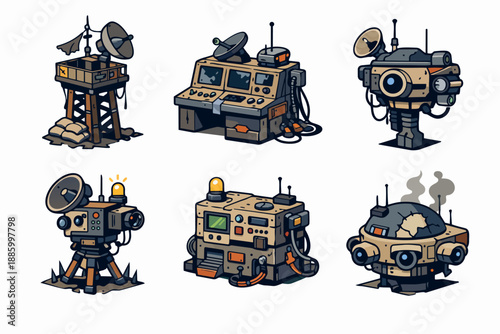 Post-apocalyptic surveillance outpost with watchtower, sensor turret and command console