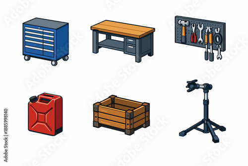 Garage workshop equipment icon set with tool chest bench board and fuel can