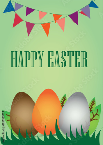 Easter Eggs in Grass with Bunting, HAPPY EASTER POSTER