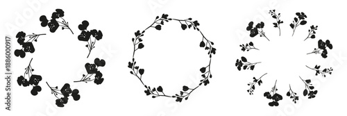 Set of cute round frames with black hand drawn canola rapeseed flower silhouettes isolated on white background.