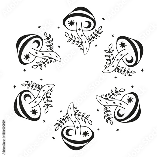 Cute round frame with hand drawn magic esoteric mushrooms and leafy twigs isolated on white background. Mystic Boho circle composition.