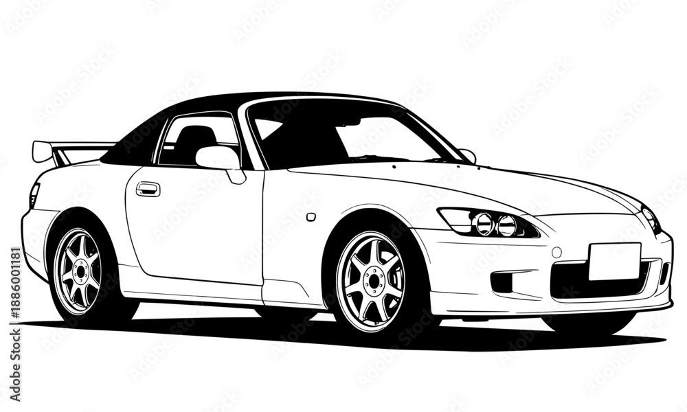 Obraz premium Performance convertible sports car illustration, classic roadster line art design