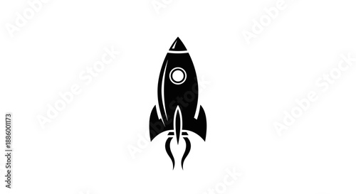 Black silhouette of a retro rocket ship blasting off.