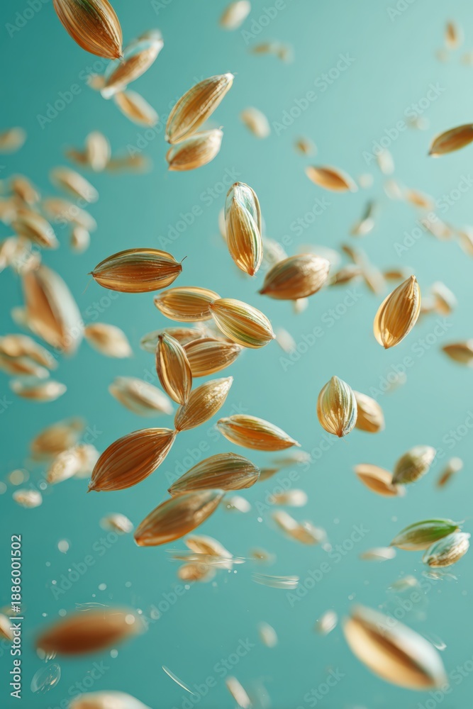 Fototapeta premium Floating Barley Grains Against Gradient Background in Abstract Composition