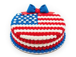 Patriotic american flag cake with red, white, and blue icing isolated on white background