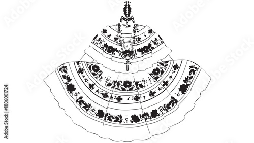 Detailed black and white illustration of a traditional boat with intricate patterns and design elements.