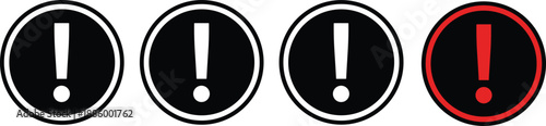 Alert and warning exclamation mark icons set in circular symbols, black and red vector collection for notification, error, caution and UI design