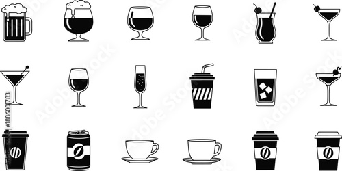 Alcohol and coffee drink icons set with beer wine cocktails and takeaway cups, black and white vector collection for bar, cafe and menu design