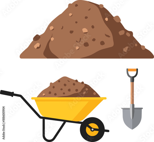 Soil and dirt vector illustration set, earth pile with wheelbarrow and shovel, construction and gardening materials concept, isolated flat design