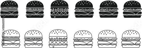 Burger icons set with cheeseburger and hamburger variations, black and white silhouette and outline vector collection for fast food, menu and design use