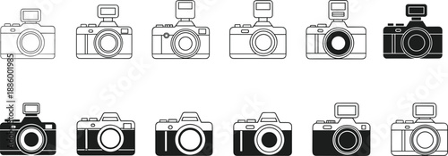 Camera icon set with flash and lens variations, black and white outline and silhouette vector collection for photography and design use