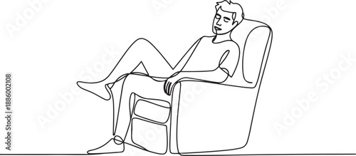 Continuous one line drawing. Young man relaxing in armchair, one line Art icon drawing vector