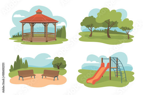Colorful Park Scenes with Gazebo, Trees, Benches, and Playground Equipment Illustrations