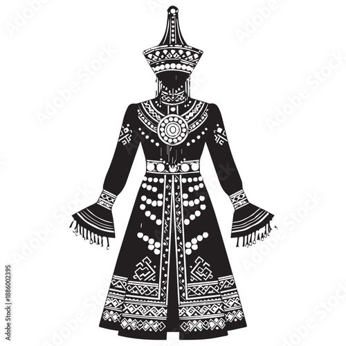Traditional African Tribal Costume with Intricate Patterns and Accessories.