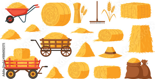 Hay and straw farming vector illustration set, harvest season tools, bale stacks and rural agriculture elements, countryside farm concept, isolated flat design