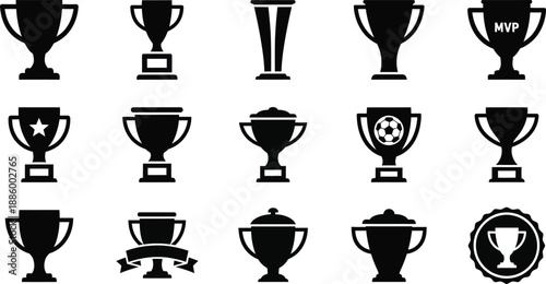Championship cups , prize trophies and awards vector icon silhouettes. 