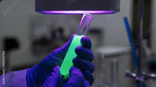 A gloved hand holds a glowing green liquid in a test tube under ultraviolet light in a laboratory setting.