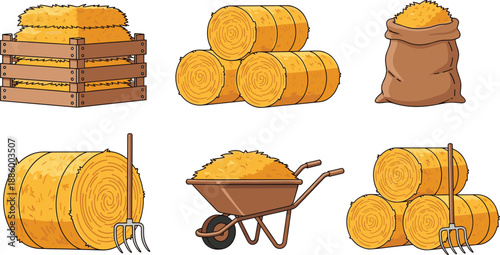 Hay bale and straw farming vector illustration set, rural agriculture tools and storage elements, harvest season concept, isolated flat design