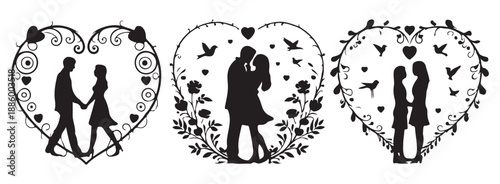 Black Silhouette Couples Holding Hands in Heart Shapes with Floral Patterns