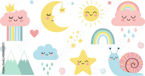 Collection of cute pixelated dreamy weather icons including clouds rainbows sun moon stars mountains and a snail on white background