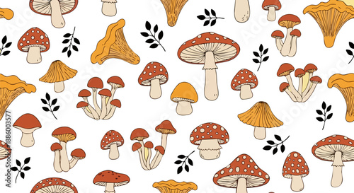 Assorted colorful woodland mushrooms featuring chanterelles and amanita muscaria displayed in a repeating pattern on white background