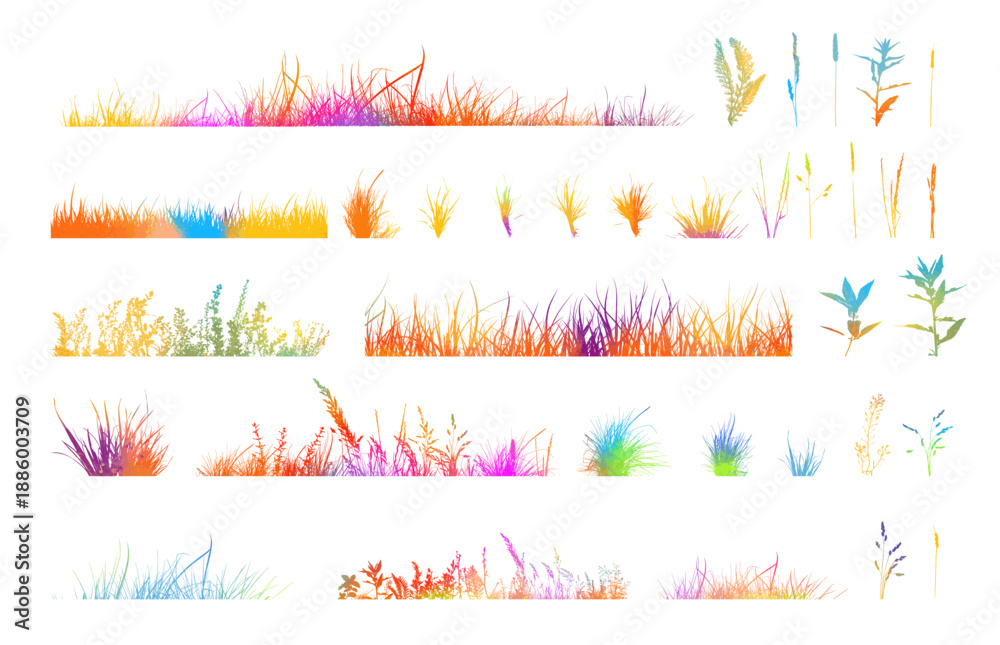 Fototapeta premium Set of horizontal banners of meadow colored silhouettes with grass. hand drawn. Not AI, Vector illustration